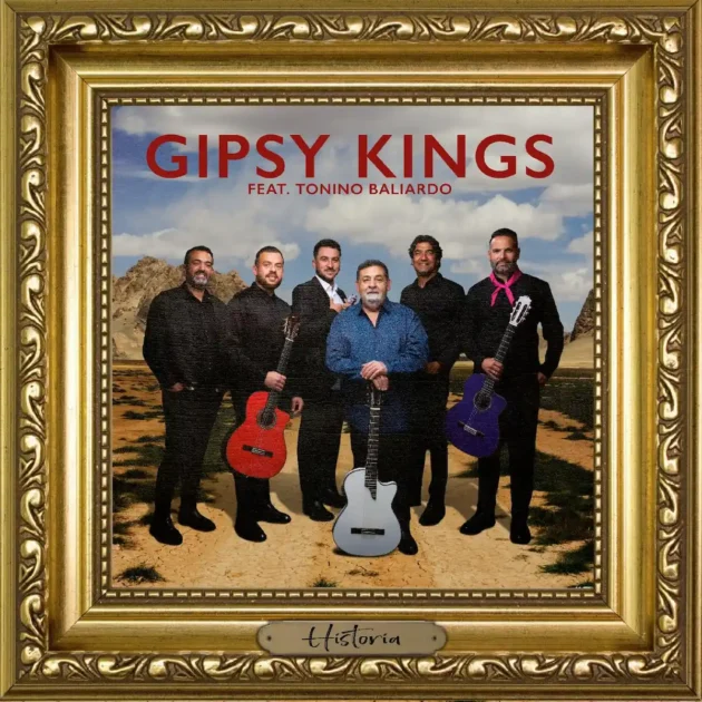 Gipsy Kings & Tonino Baliardo - Historia, Album und Konzert-Tour - hier im Bild das Album-Cover mit den Musikern, in der Mitte Tonino Baliardo - das Bild ist im Stil eines Ölgemäldes gehalten und hat auch einen entsprechenden Barock-Rahmen