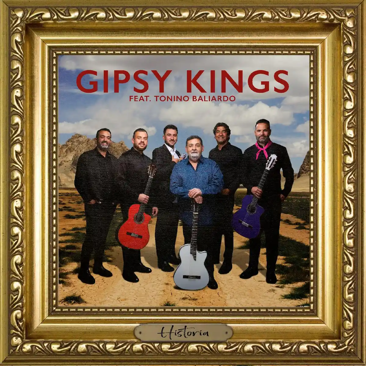 Gipsy Kings & Tonino Baliardo - Historia, Album und Konzert-Tour - hier im Bild das Album-Cover mit den Musikern, in der Mitte Tonino Baliardo - das Bild ist im Stil eines Ölgemäldes gehalten und hat auch einen entsprechenden Barock-Rahmen