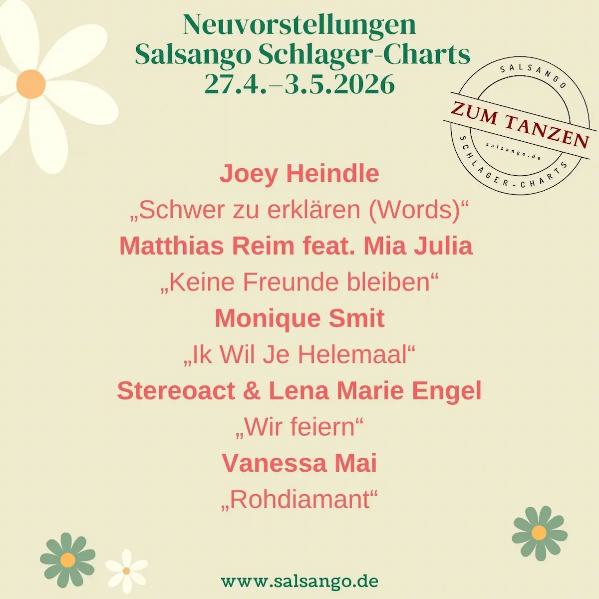 Neuvorstellungen Salsango Schlager-Charts April-Mai 2026, KW 18