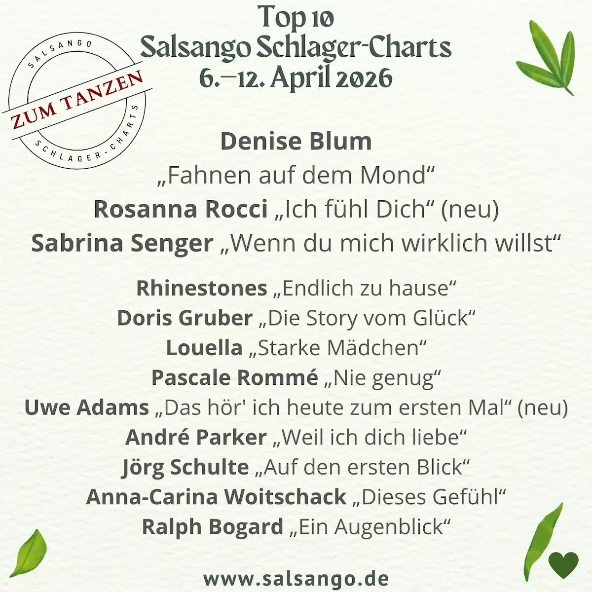 Top 10 April 2026 Schlager-Charts von Salsango - KW 15-2026