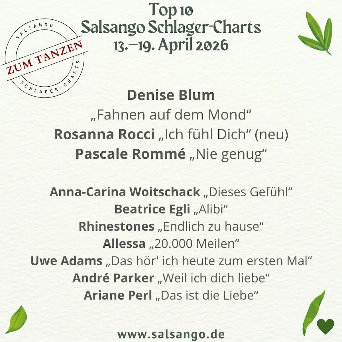 Top 10 April 2026 Schlager-Charts von Salsango - KW 16-2026 - die Grafik zeigt die beliebtesten zehnn Schlager der Woche