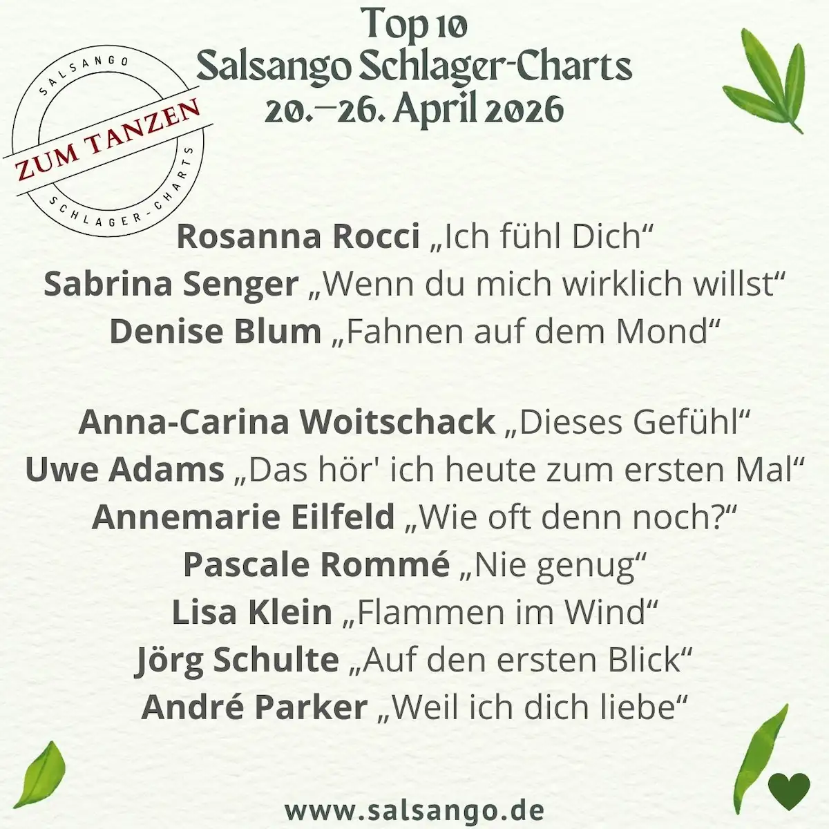 Top 10 April 2026 Schlager-Charts von Salsango - KW 17-2026