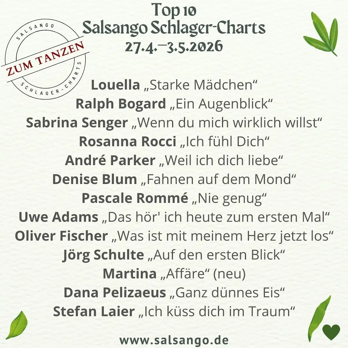 Top 10 April-Mai 2026 - KW 18 - Schlager-Charts von Salsango - die Grafik zeigt die beliebtesten zehn Schlager der Woche