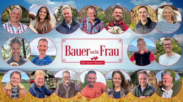 Bauer sucht Frau 2026 - Alle neuen Bauern vorgestellt, wie kann man sich bewerben? - zu sehen im Bild ist das Logo der Sendung und alle 18 Bäuerinnen und Bauern, die dabei sind in diesem Jahr