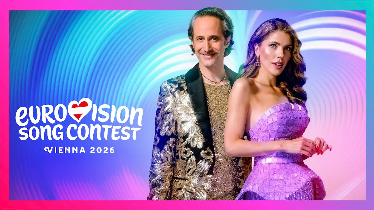 Eurovision Song Contest 2026 in Wien - hier im Bild die Moderatoren der Live-Shows Victoria Swarovski und Michael Ostrowski