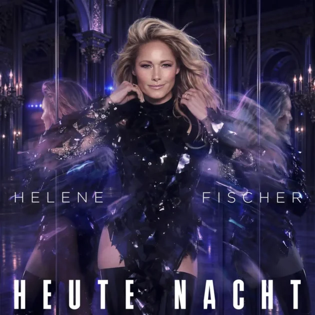 Helene Fischer - Schlager „Heute Nacht“ - hier im Bild das Single-Cover, mit einem großformatigen Foto der Künstlerin in einem schwarz-glitzernden Bühnen-Outfit, die in einen historischen Ballsaal steht und sich im Hintergrund spiegelt.