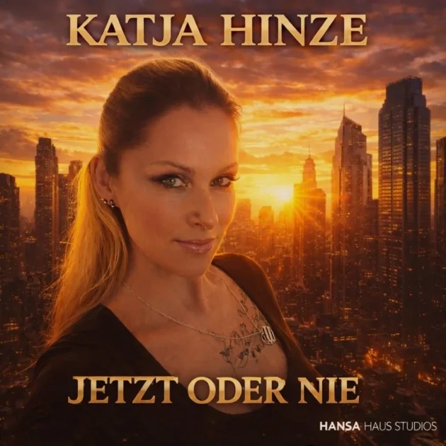 Porträt von Sängerin Katja Hinze vor der Silhouette von New York im Sonnenuntergang auf dem Single-Cover Jetzt oder nie