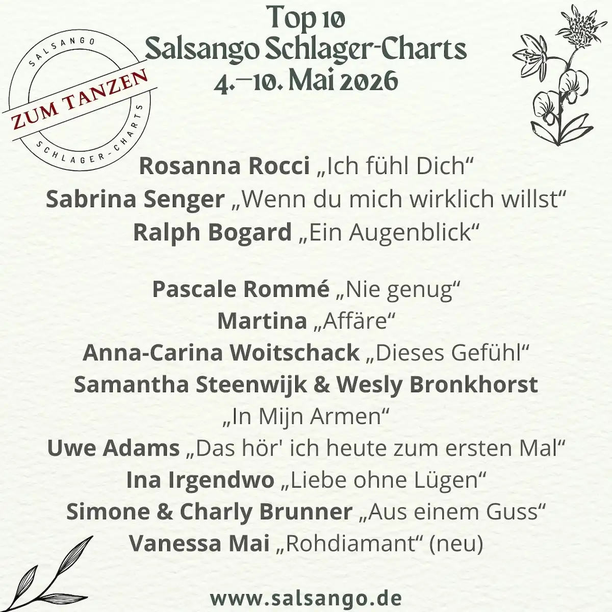 Top 10 April 2026 Schlager-Charts von Salsango - KW 19 - die Grafik zeigt die beliebtesten zehn Schlager der Woche vom 4.–10.5.2026