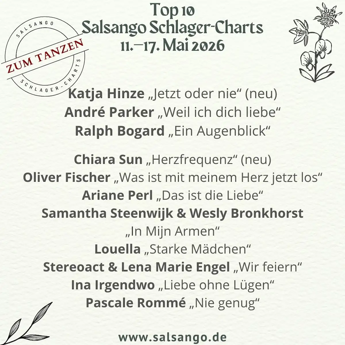 Top 10 Mai 2026 Schlager-Charts von Salsango - KW 20