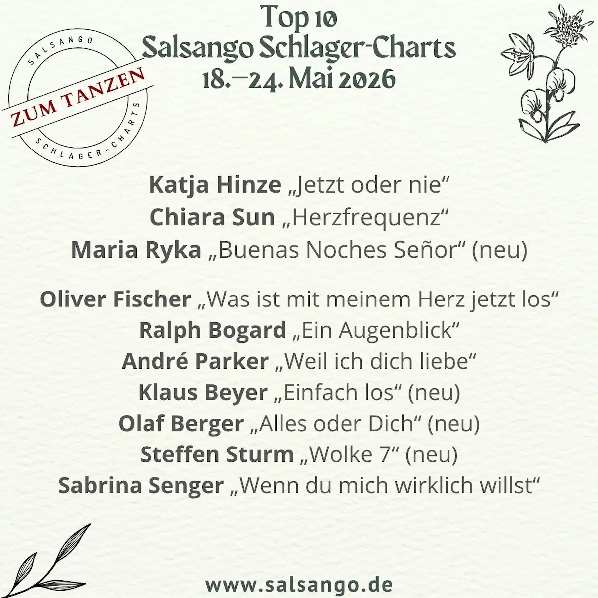 Top 10 Mai 2026 Schlager-Charts von Salsango - KW 21 - die Grafik zeigt die beliebtesten zehn Schlager der Woche vom 18.–24.5.2026