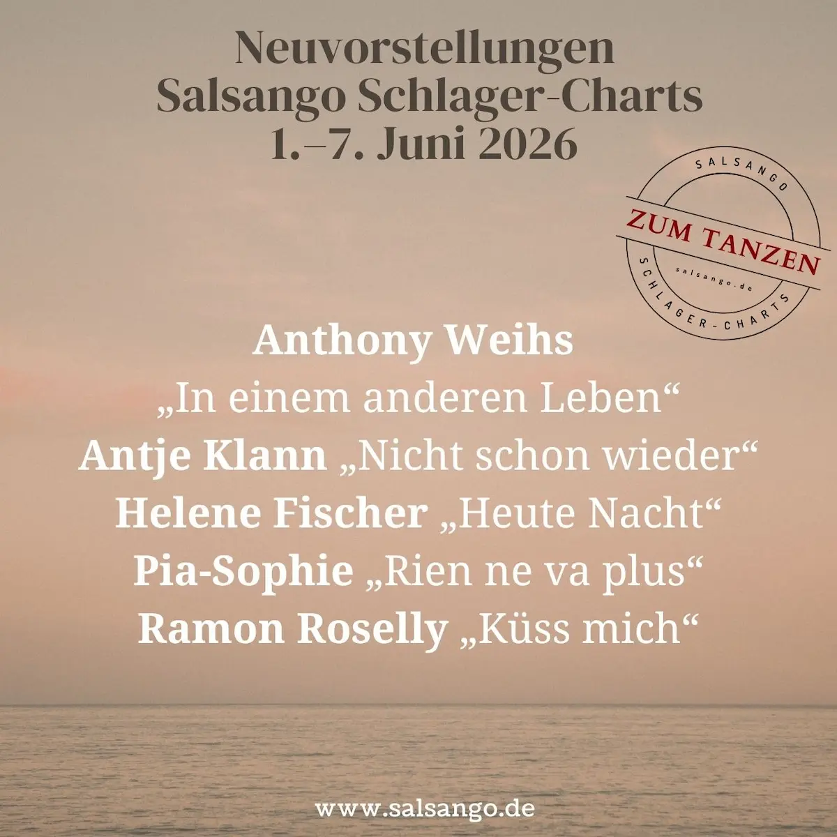 Neuvorstellungen Juni 2026 Schlager-Charts von Salsango - KW 23 - neue Schlager für die Hitparade Zeitraum 1.–7, Juni 2026 - Grafik: Salsango