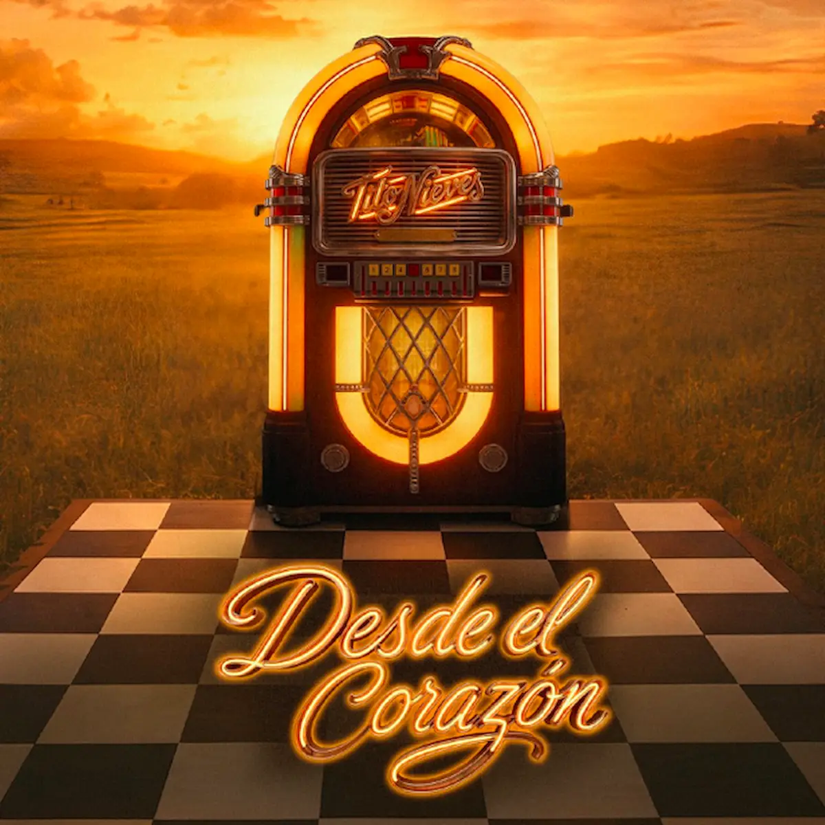 Tito Nieves Album „Desde El Corazon“ - Salsa-Musik - hier im Bild das Album-Cover, das eine Juke-Box auf einem Brettspielfeld zeigt, im Hintergrund eine hügelige Graslandschaft im stimmungsvollen Sonnenuntergang