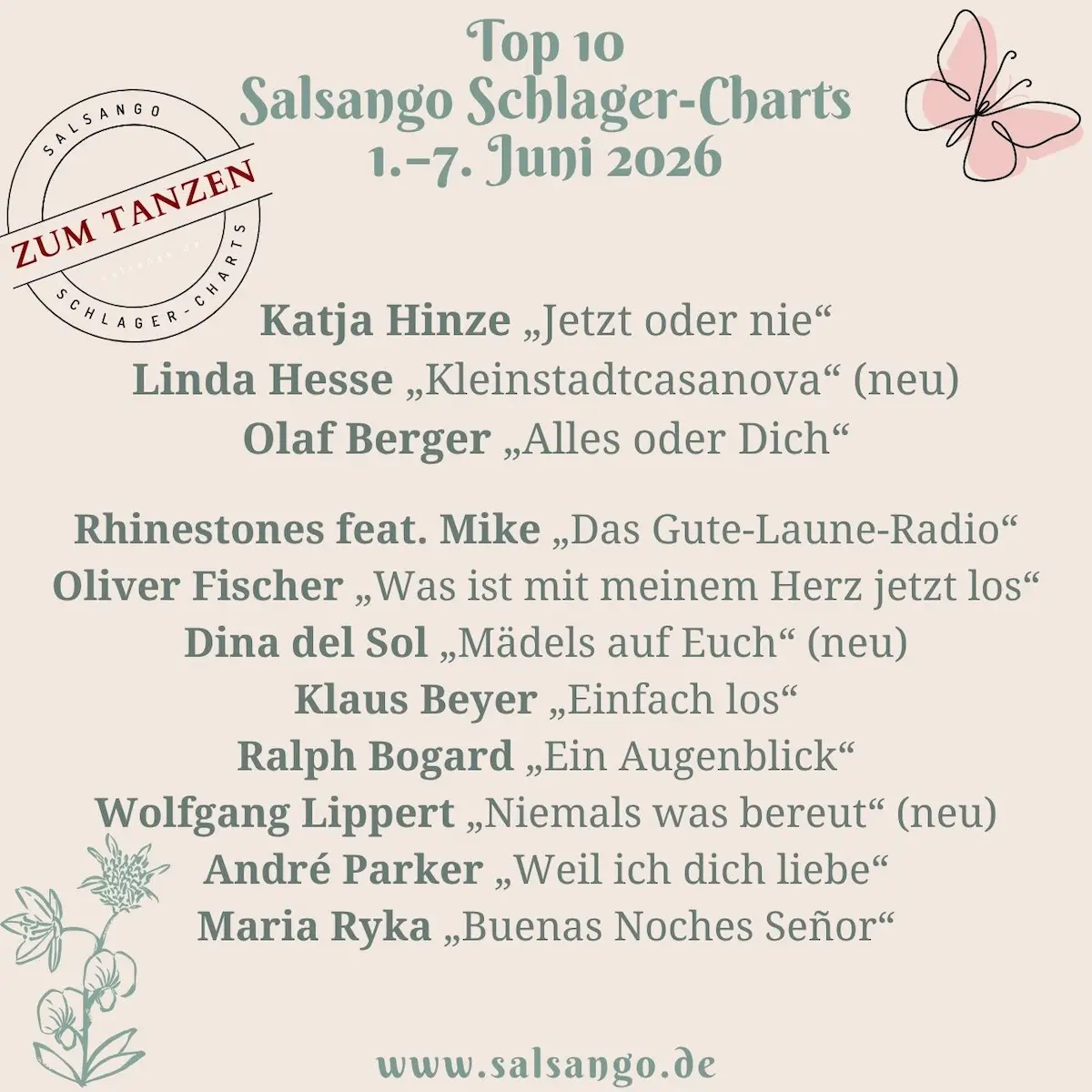 Top 10 Juni 2026 Schlager-Charts von Salsango - KW 23 - die Grafik zeigt die beliebtesten zehn Schlager der Woche vom 1–7.6.2026