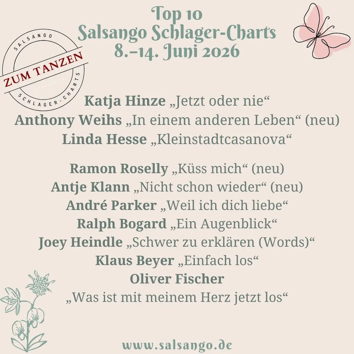 Top 10 Juni 2026 Schlager-Charts von Salsango - KW 24 - 8.-14. Juni