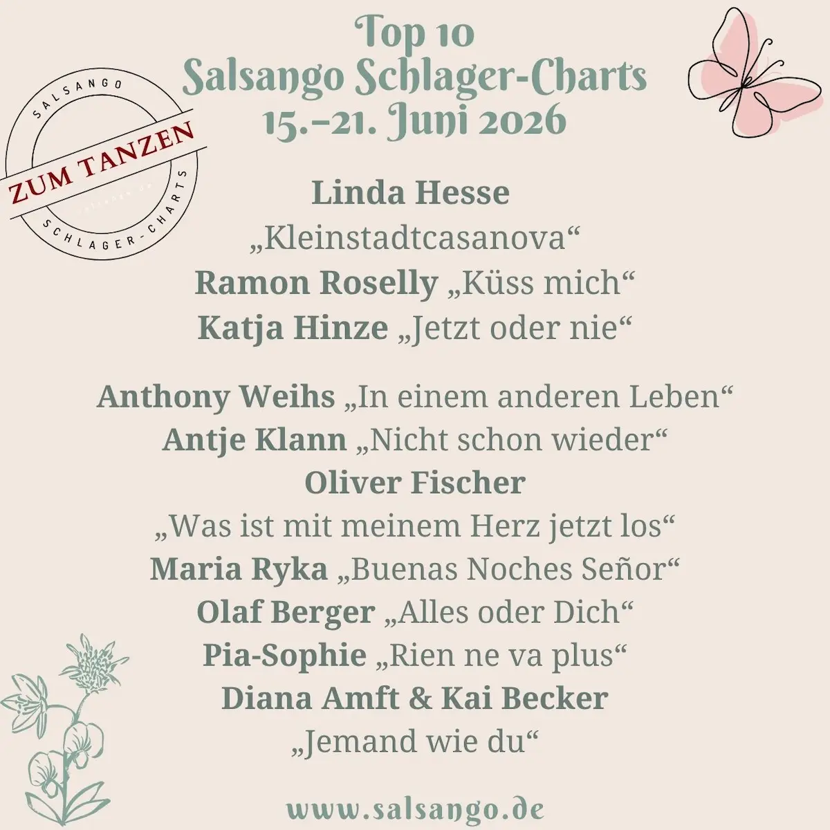 Top 10 Juni 2026 Schlager-Charts von Salsango - KW 25 - 15.-21. Juni