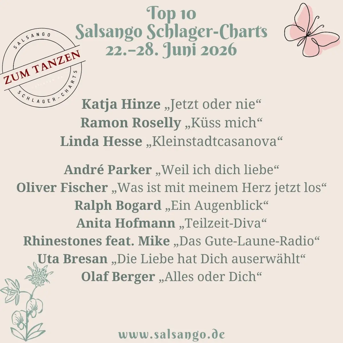 Top 10 Juni 2026 Schlager-Charts von Salsango - KW 26 - 22.-28. Juni