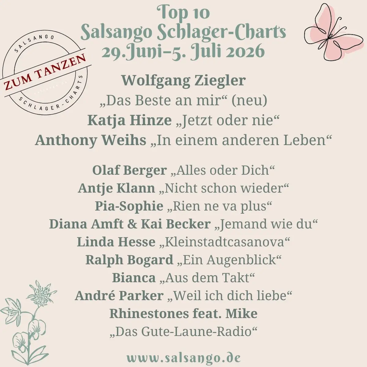 Top 10 Juni-Juli 2026 Schlager-Charts von Salsango - KW 27