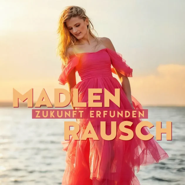 Madlen Rausch Schlager „Zukunft erfunden“ - hier im Bild das Single-Cover mit einem Foto der Künstlerin in einem roten Kleid