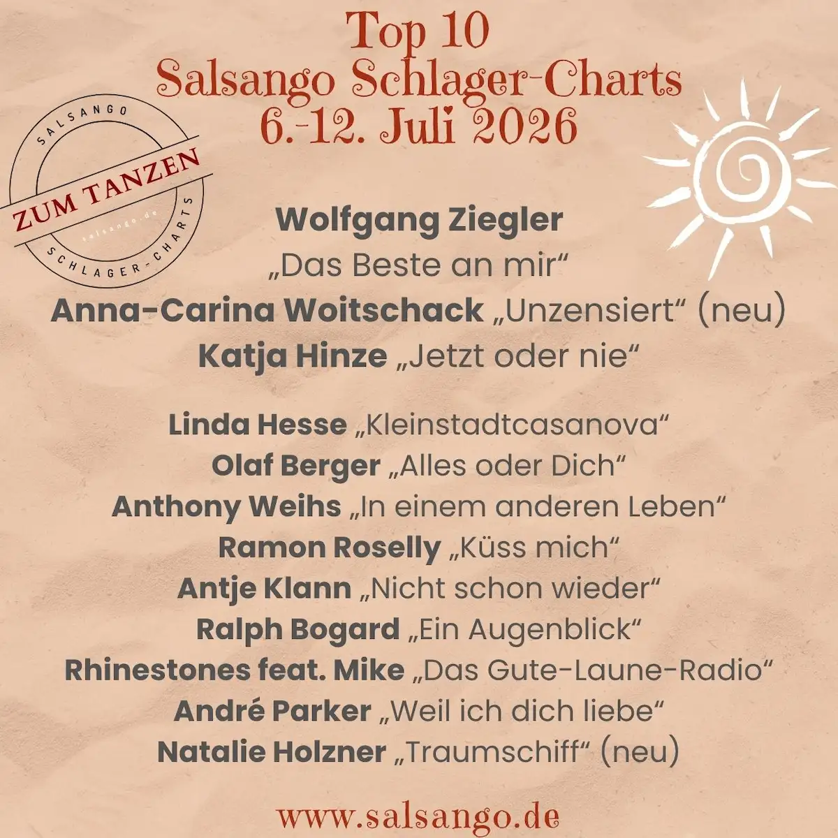 Top 10 Juli 2026 Schlager-Charts von Salsango - KW 28 - 6.-12.7.2026