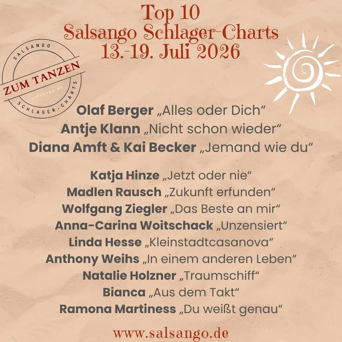 Top 10 Juli 2026 Schlager-Charts von Salsango - KW 29 - 13.-19. Juli 2026 - die beliebtesten Schlager der Salsango-Leser in dieser Woche