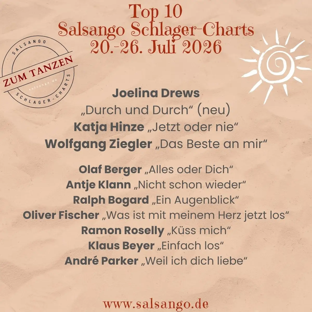 Top 10 Juli 2026 Schlager-Charts von Salsango - KW 30 - 20.-26. Juli 2026