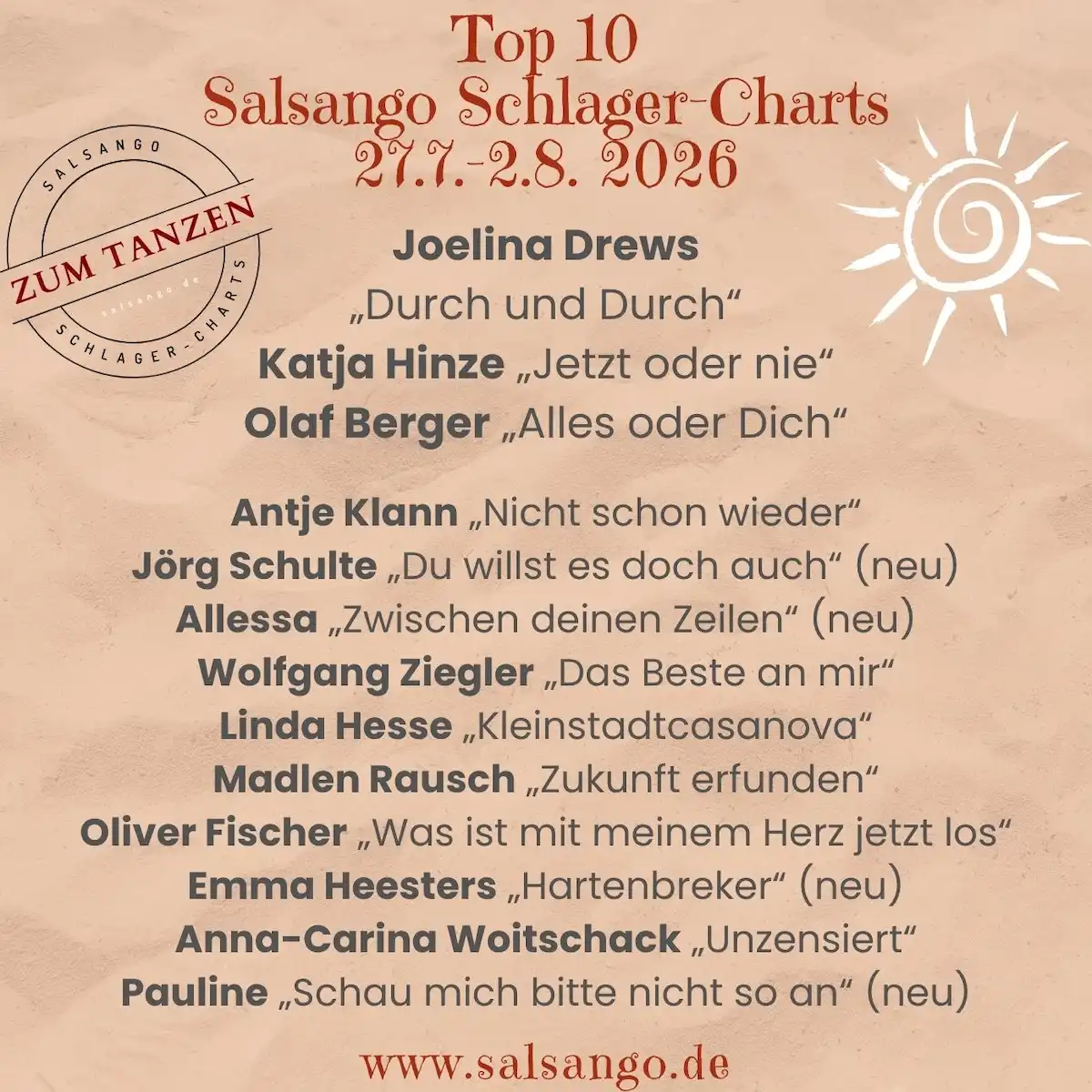 Top 10 Juli 2026 Schlager-Charts von Salsango - KW 31 - 27.7.-2.8.2026