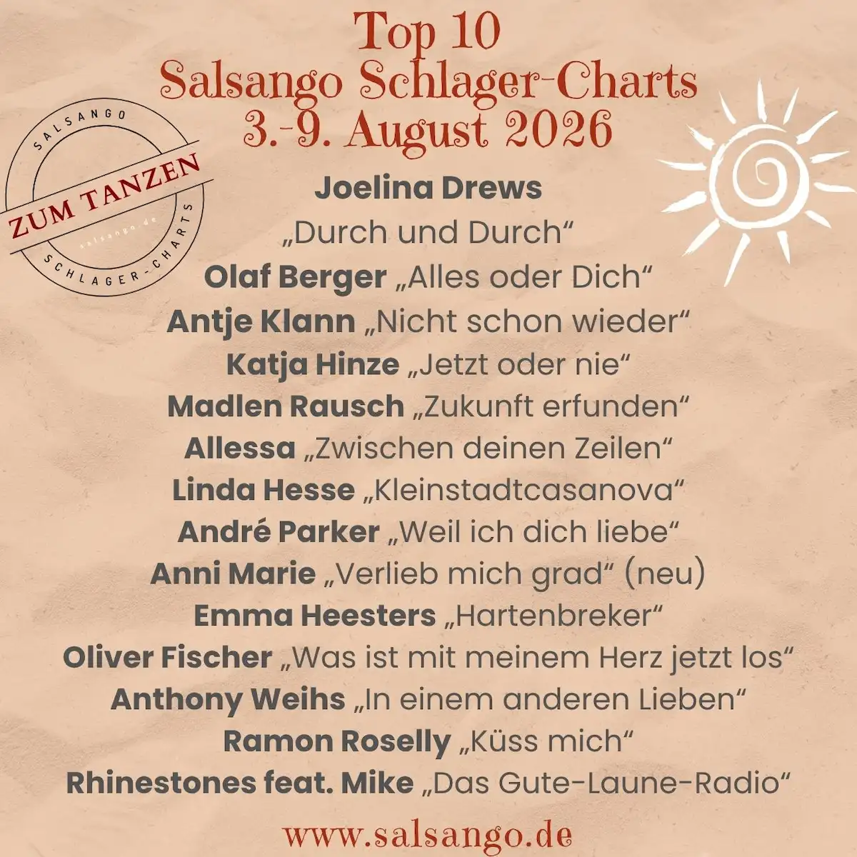 Top 10 August 2026 Schlager-Charts von Salsango - KW 32 - 3.-9.8.2026