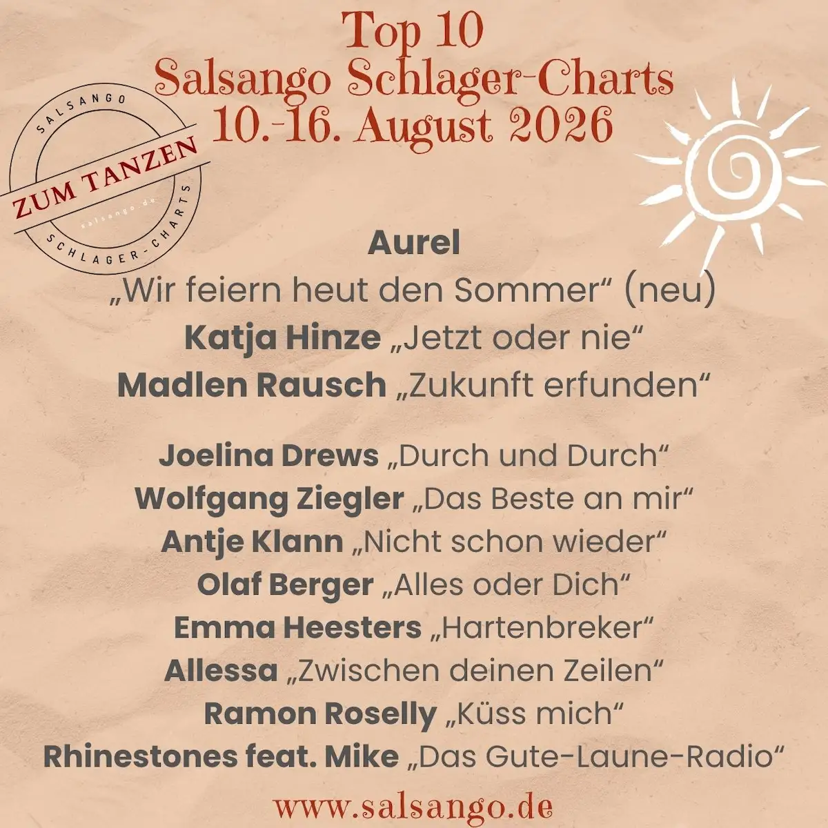 Top 10 August 2026 Schlager-Charts von Salsango - KW 33 - 10.-16. August
