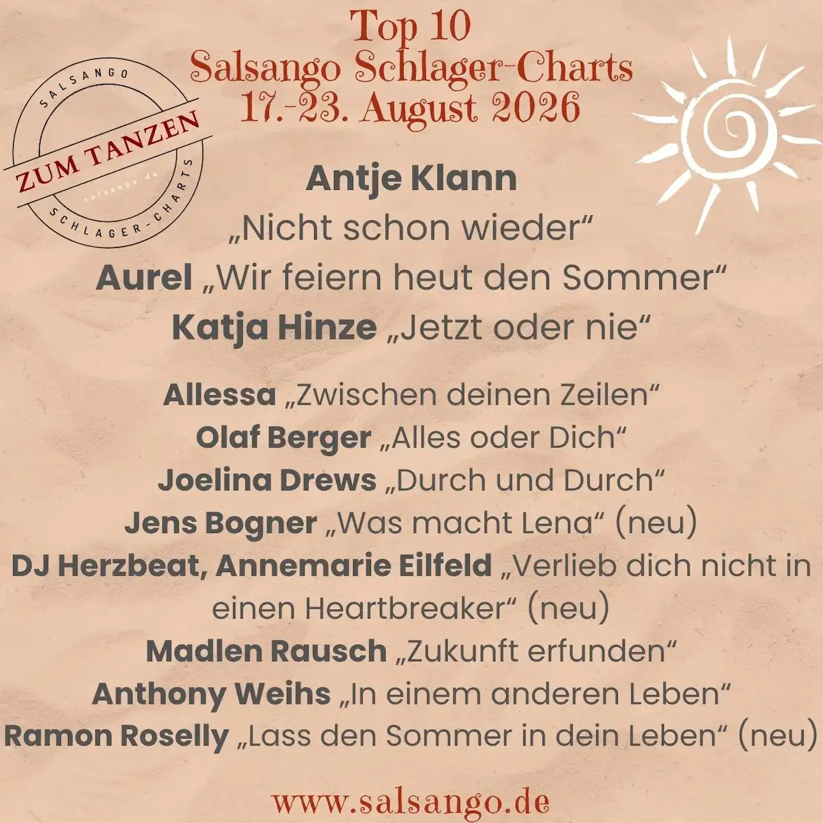 Top 10 August 2026 Schlager-Charts von Salsango - KW 34 - 17.-23. August