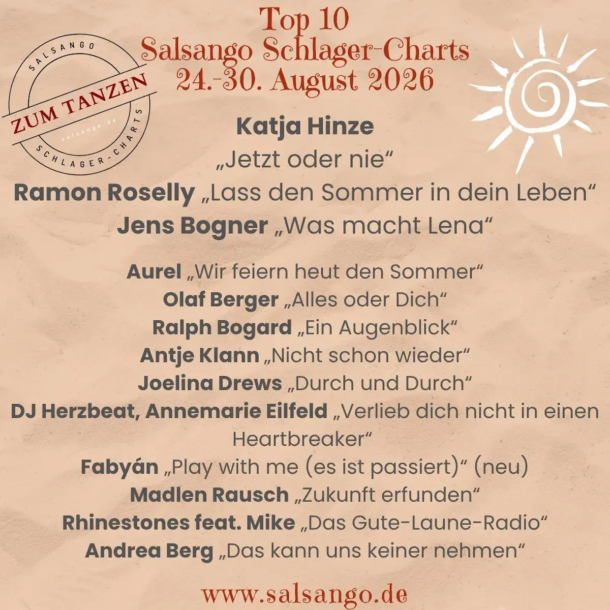 Top 10 August 2026 Schlager-Charts von Salsango - KW 35 - 24.-30. August