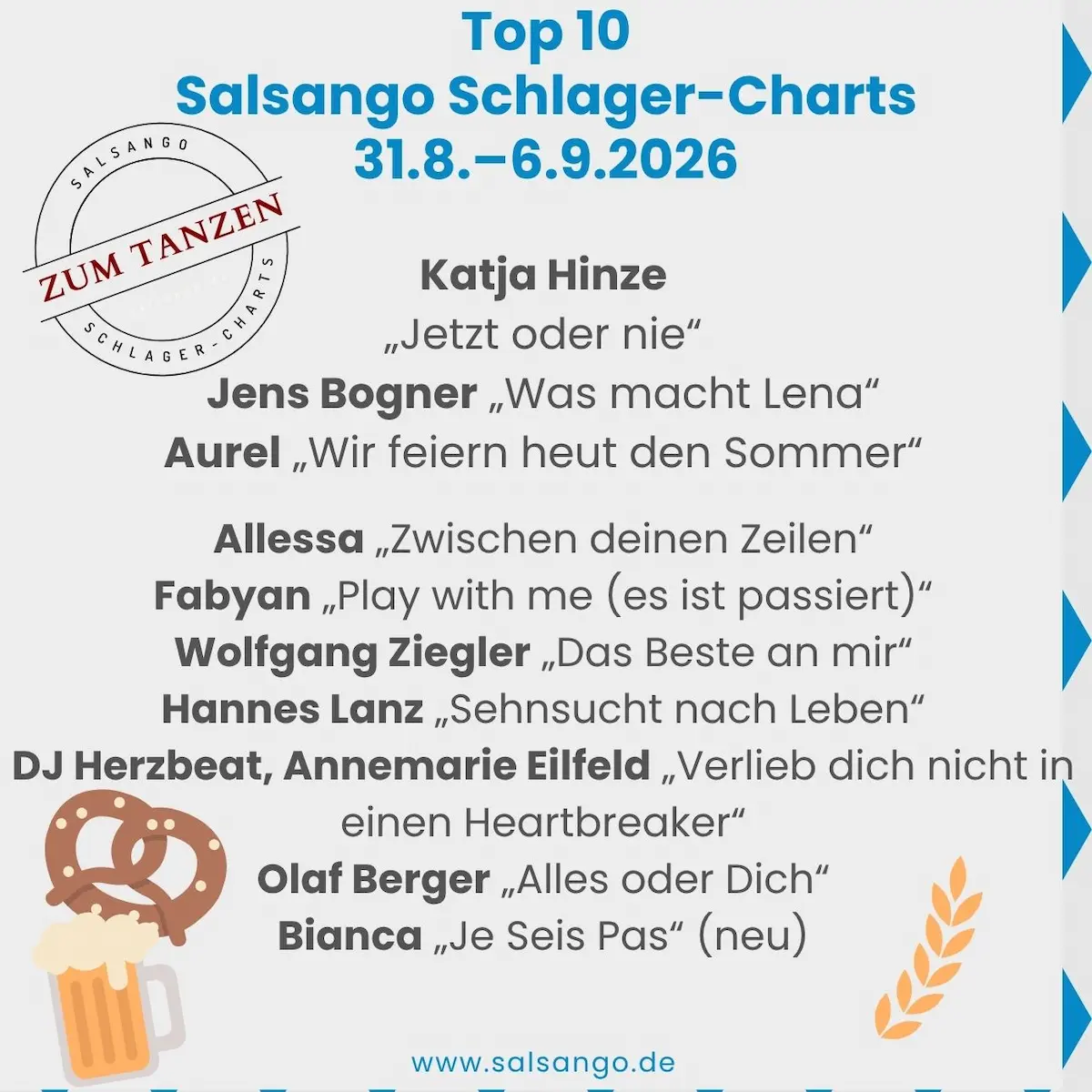 Top 10 September 2026 Schlager-Charts von Salsango - KW 36 - 31.8.-6.9.