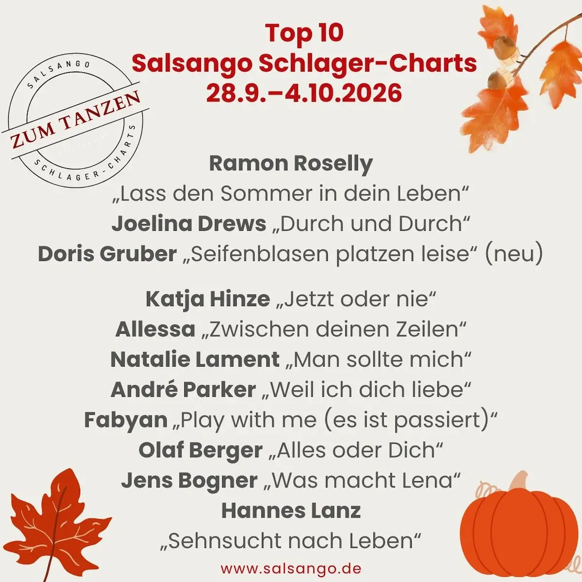 Top 10 Oktober 2026 Schlager-Charts von Salsango - KW 40 - 28.9.-4.10.