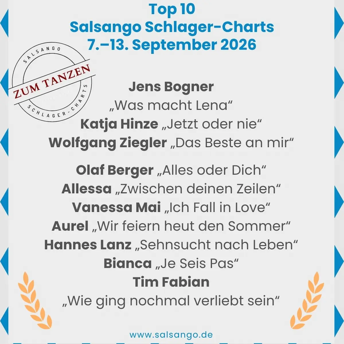 Top 10 September 2026 Schlager-Charts von Salsango - KW 37 - 7.-13. September