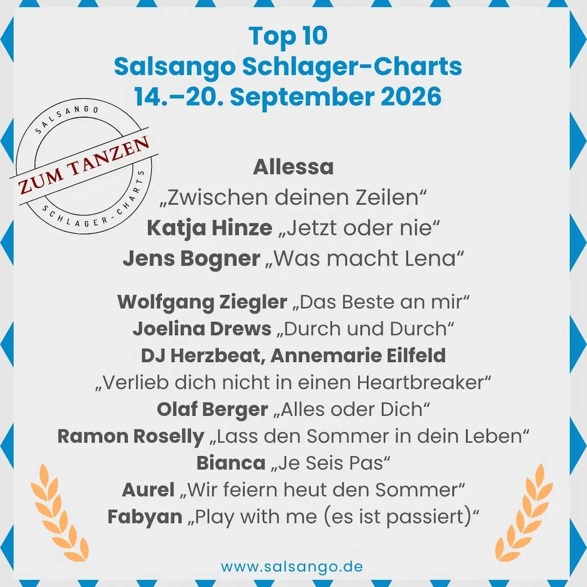 Top 10 September 2026 Schlager-Charts von Salsango - KW 38 - 14.-20. September
