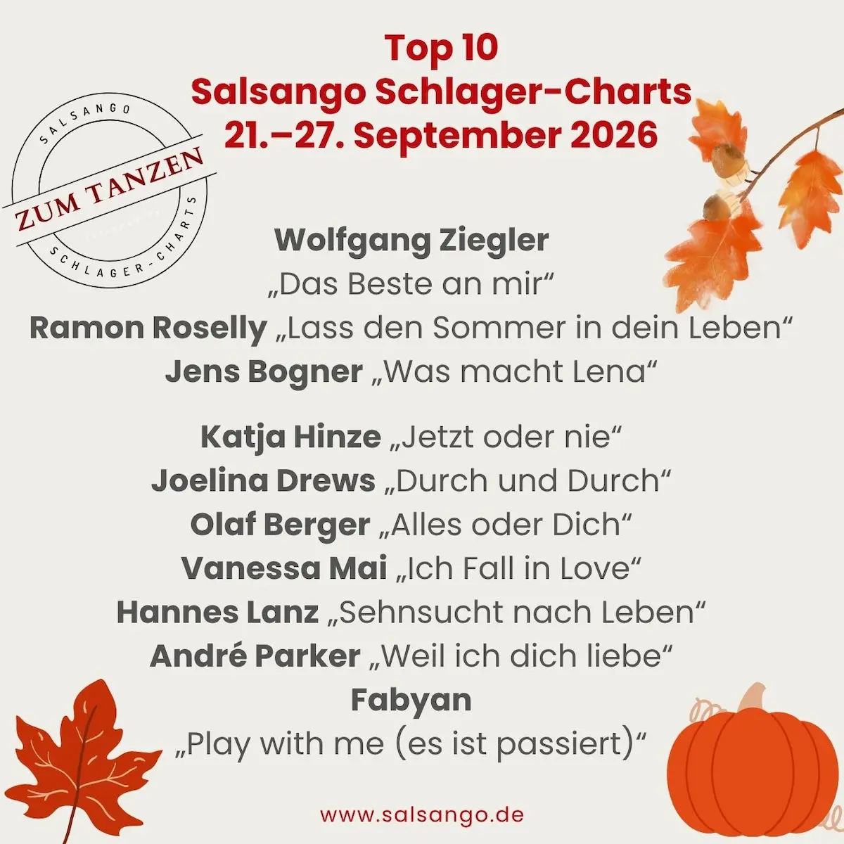 Top 10 September 2026 Schlager-Charts von Salsango - KW 39 - 21.-27. September