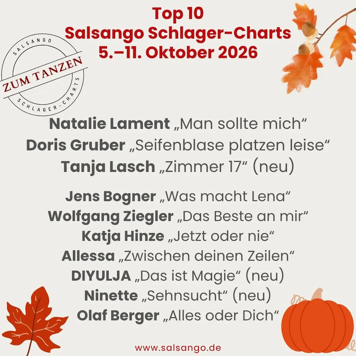 Top 10 Oktober 2026 Schlager-Charts von Salsango - KW 41 - 5.-11. Oktober