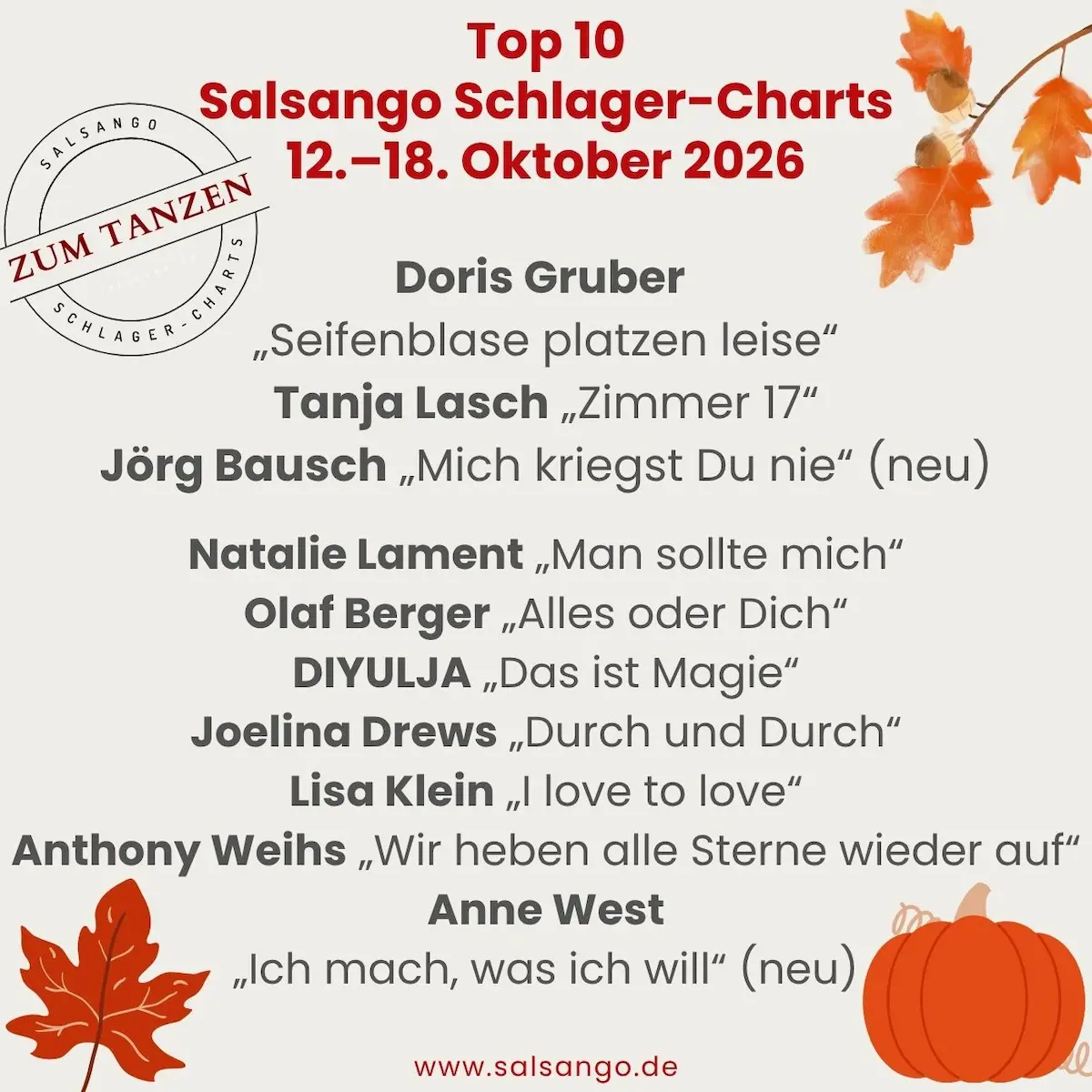 Top 10 Oktober 2026 Schlager-Charts von Salsango KW 42 - 12.-18. Oktober