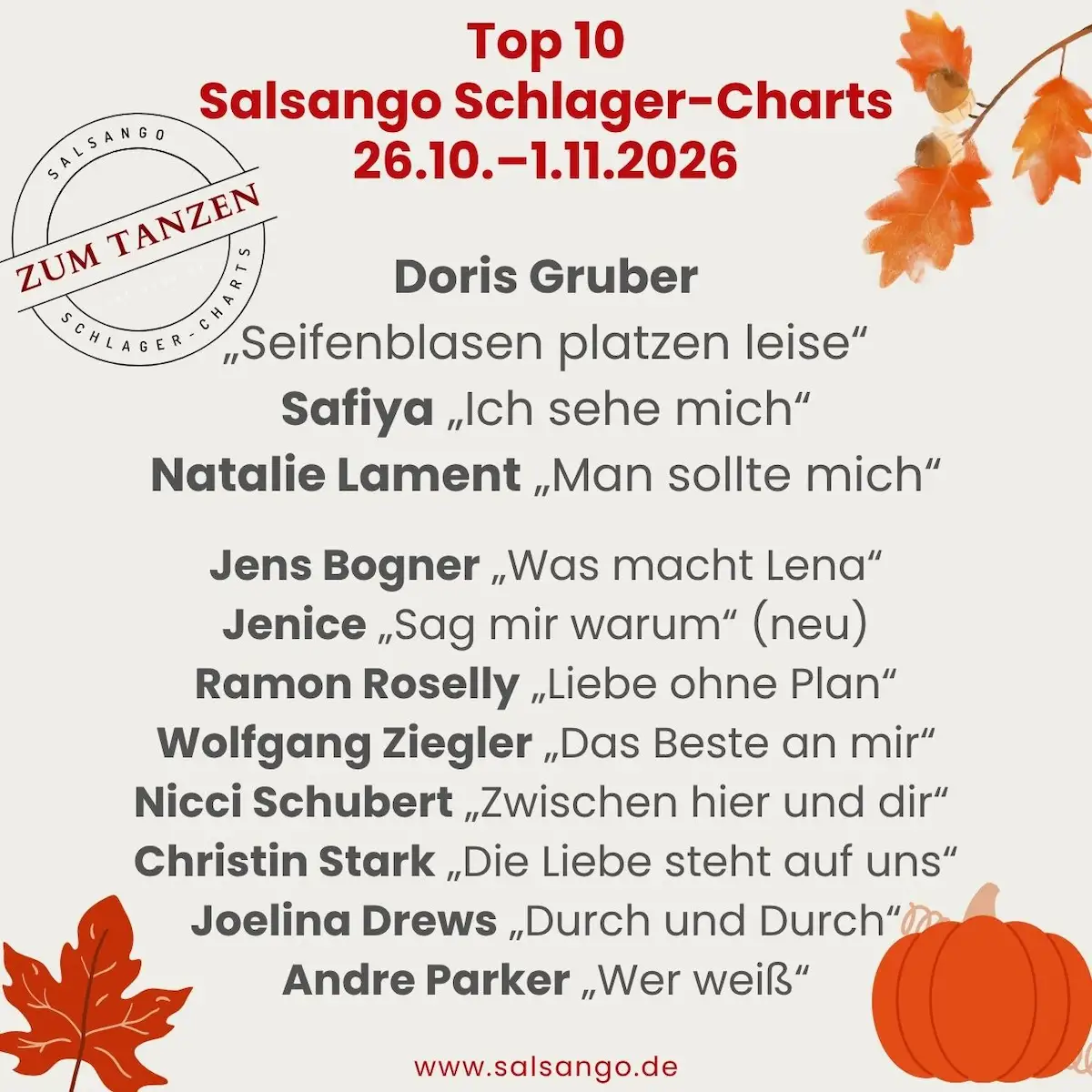 Top 10 Oktober 2026 Schlager-Charts von Salsango - KW 44 - 26.10.-1.11.