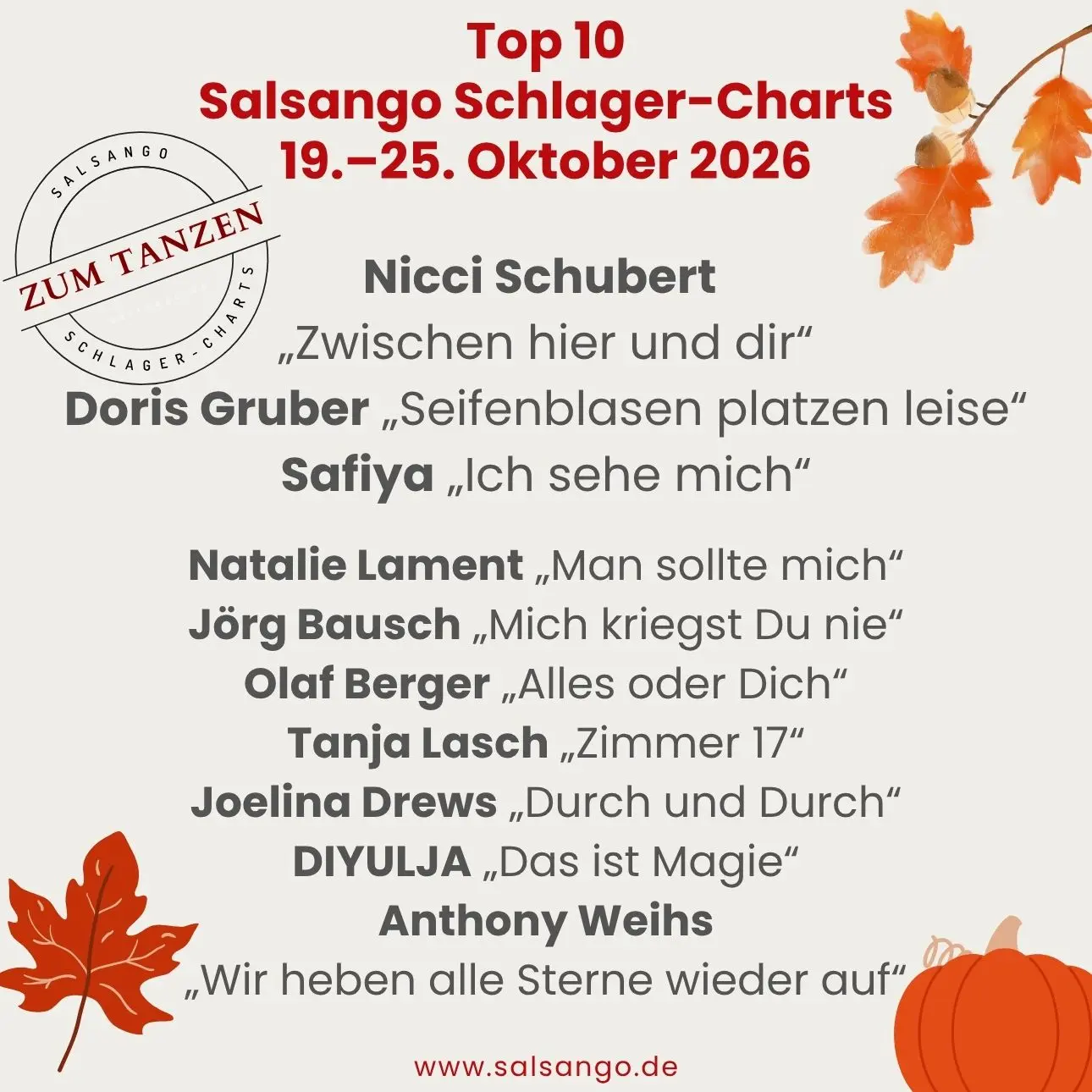 Top 10 Oktober 2026 Schlager-Charts von Salsango - Top 10 Oktober 2026 Schlager-Charts von Salsango – KW 43 – 19.-25.10.2026